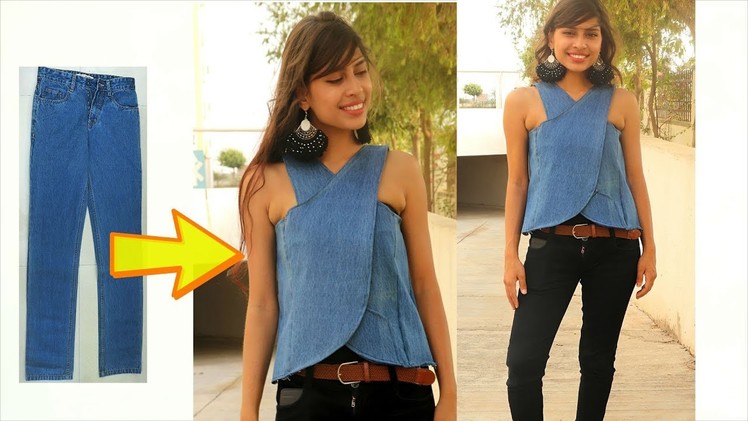 DIY: Convert. Recycle, Reuse old jeans into girls wrap top | Diy top from old Denim