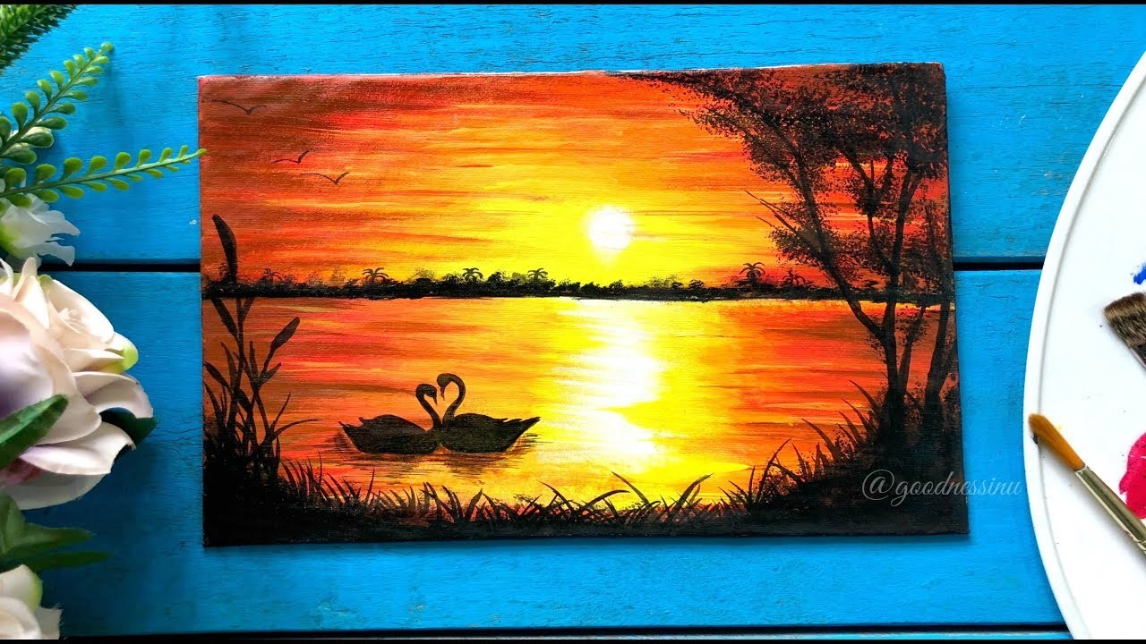 Easy Sunset Painting with Swans, Step by Step tutorial