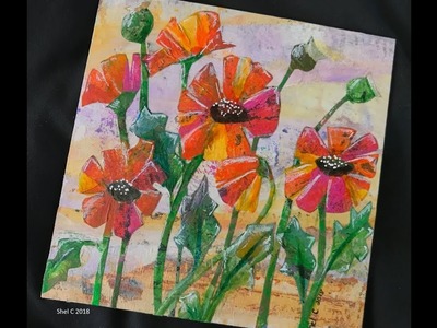 Mixed Media Collage Using Gel Prints - Paper Painting Poppies on Wood Panel