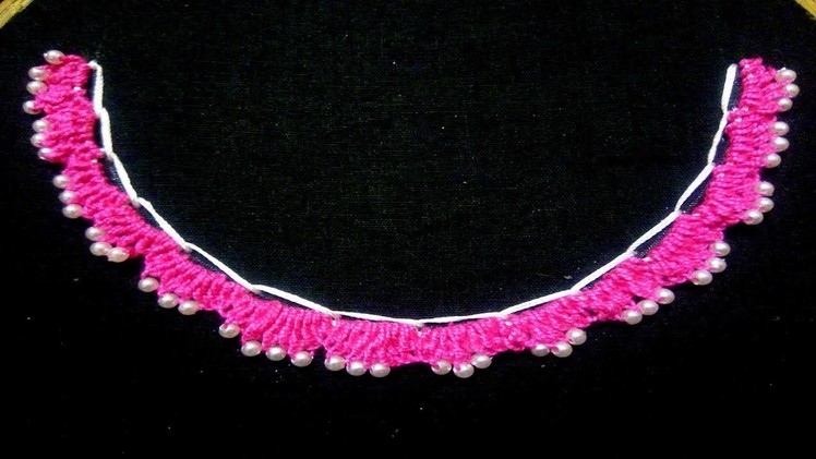 Hand embroidery button holed chain stitch Neck design for dresses by nakshi katha.