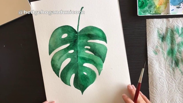 Speed painting of a Tropical leaf with watercolors