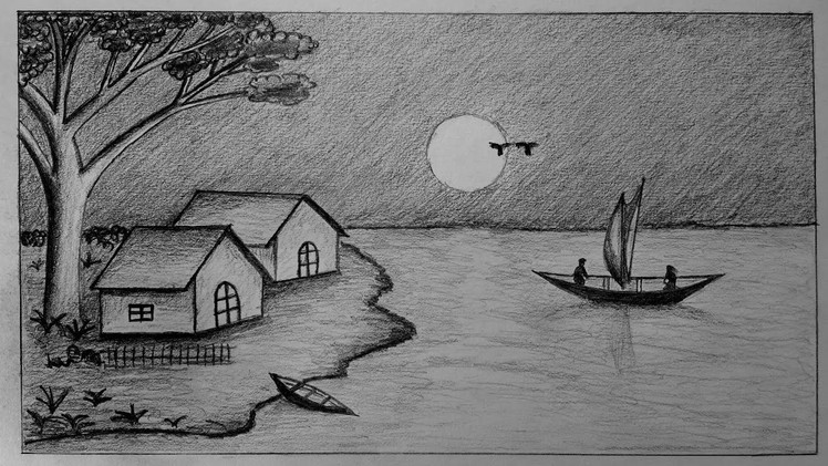 How to draw moonlight night with pencil step by step