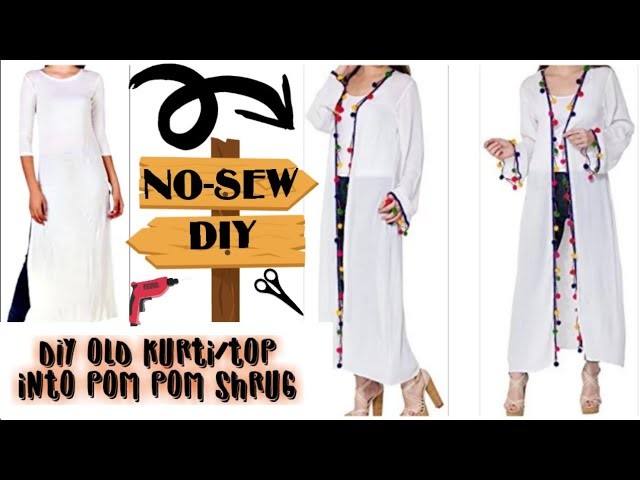 No-Sew DIY: Convert.Reuse.Recycle Old Kurti.Top Into Pom-pom Shrug.Jacket(HINDI)