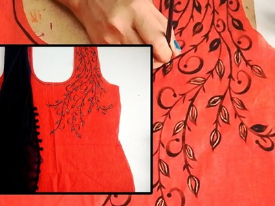 Red & Black Colored Kurti Design | Free hand Painting on Red Kurti | Designer Kurti at Home