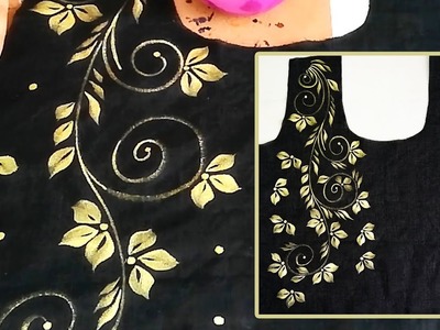 Free Hand Painted Black Kurti Border. Bel Design | Designer Kurti | Fabric Painting