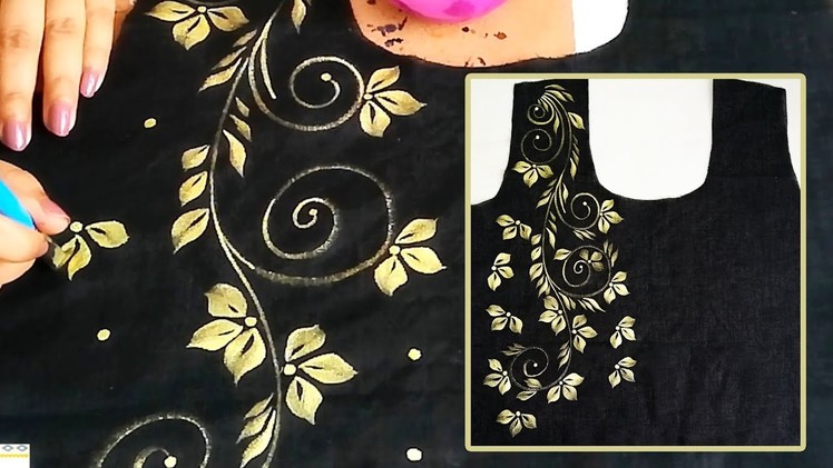 Free Hand Painted Black Kurti Border. Bel Design | Designer Kurti | Fabric Painting