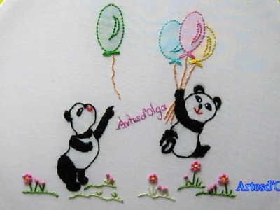 Hand Embroidery Design for baby: Pandas with balloons | Bordado a mano para bebé: Pandas con globos