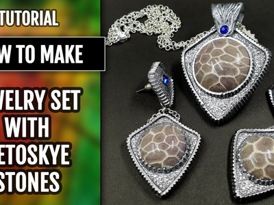 How to make: Faux Sterling Silver Earrings and Pendant with Faux Petoskey stone from polymer clay.