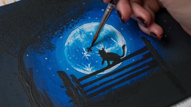 Acrylic painting - Midnight Cat , Night and Easy drawing (4k)