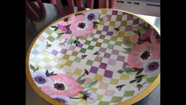 Checkered Bowl in Flowers and Bees -- Decoupage & Acrylic Painting