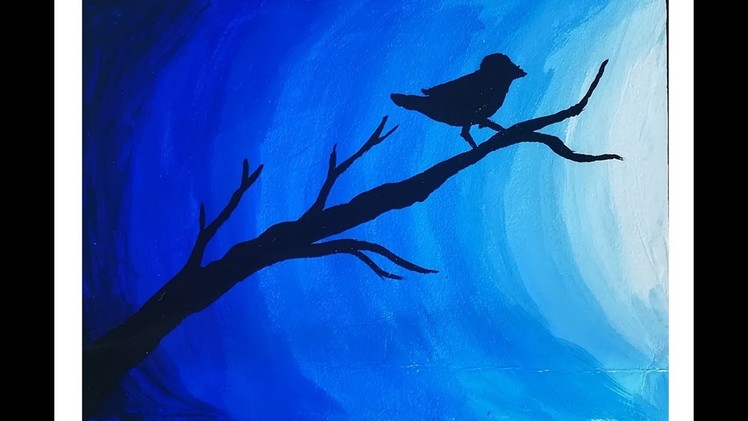 Easy poster color painting on canvas | bird in moonlight postercolor painting