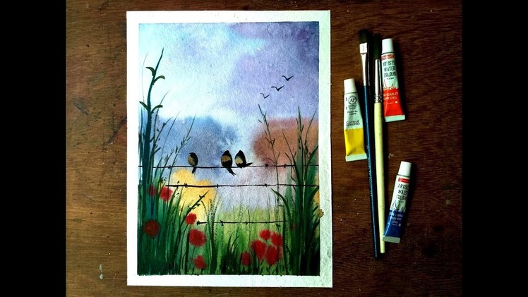 How to paint birds on a wire landscape with watercolor - EASY