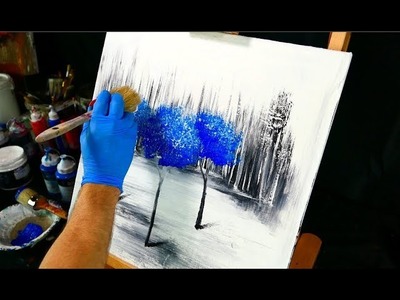 3 blue trees on black and white ice - painting video step by step demo -  fan brush and round brush