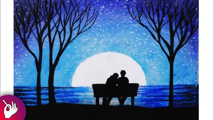 Drawing of Scenery of moonlight with Oil Pastels step by step