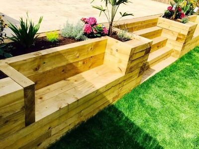 Garden Levelling, Retaining Wall, Stairs, Benches From Railway Sleepers