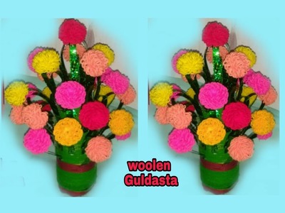 Make A beautiful  woolen flower pot (vase) with plastic bottle (new design).yarn flower making