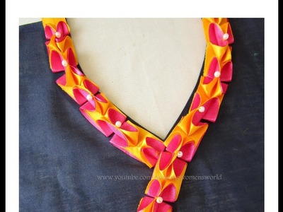 Beautiful Neck & Sleeves Design for Churidar. Kurt - Easy Ribbon Work Lace Making at home