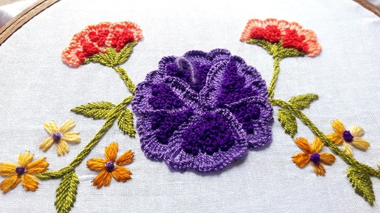 Hand embroidery :buttonhole with french knot stitch rose flower design .