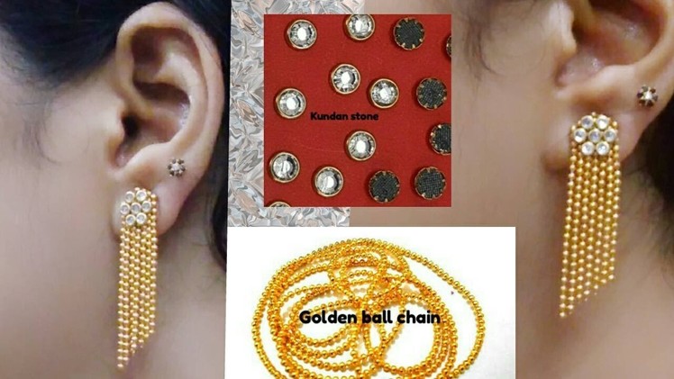 How to make earring with Golden Ball chain and Kundan stone  at home - Tutorial
