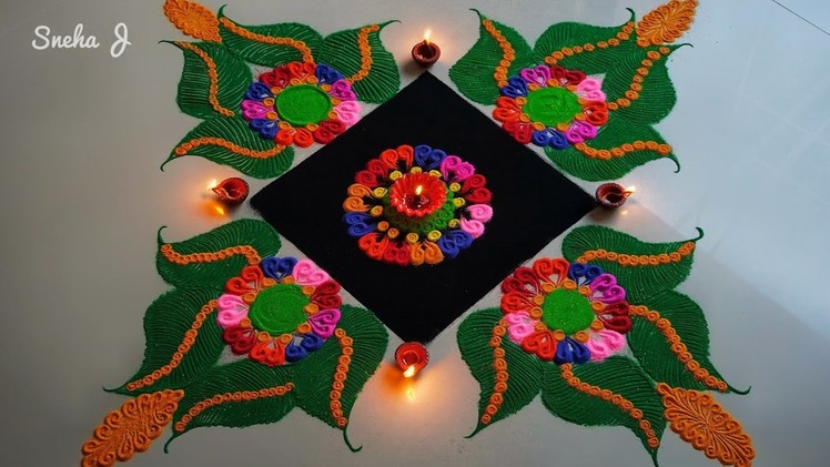How to make rangoli designs of beautiful flowers with color. daily rangoli