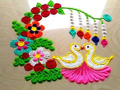 Very innovative and BEAUTIFUL rangoli design || easy and simple lovebirds rangoli designs
