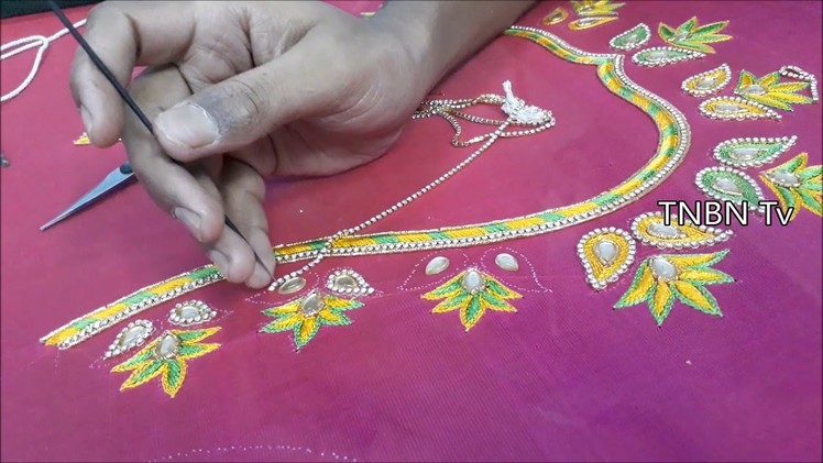 Blouse back neck designs, hand embroidery tutorial for beginners | simple maggam work blouse designs