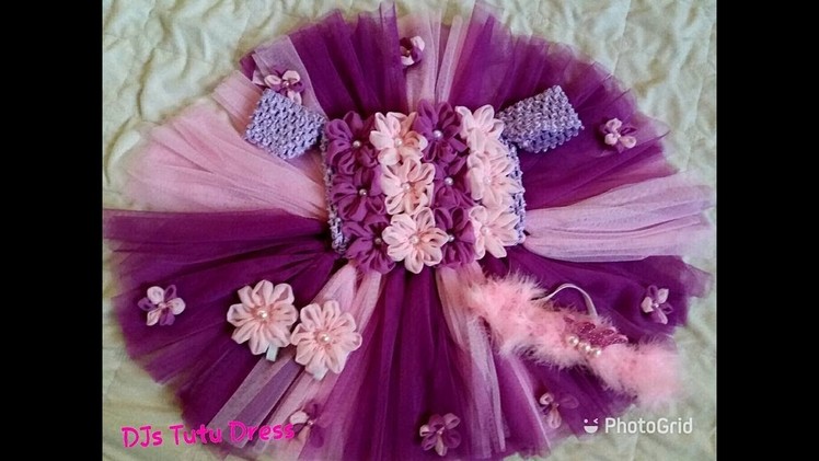 DIY how to design Tutu Dress with flowers lavender.pink.purple