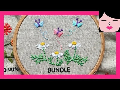 Hand embroidery sheaf stitch butterfly chamomile flowers 번들 스티치 프랑스자수 캐모마일과 나비 수놓기