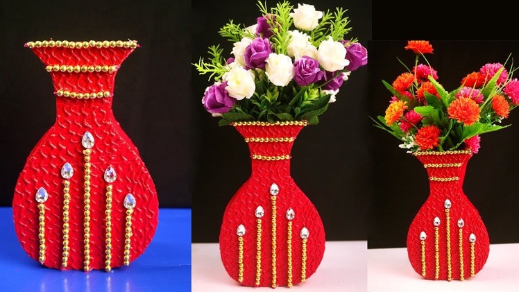 Best Out of Waste Cardboard and Hot Glue Flower Vase - Make Flower Vase Using Waste Material at Home