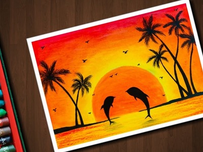 Dolphin Sunset scenery drawing with Oil Pastels for beginners - step by step