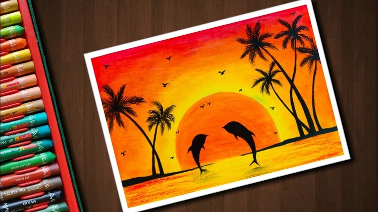 Dolphin Sunset scenery drawing with Oil Pastels for beginners - step by step