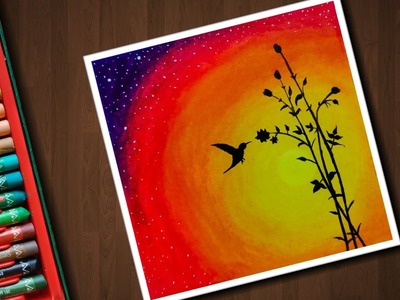 Easy Bird Sunset scenery drawing with Oil Pastels - step by step