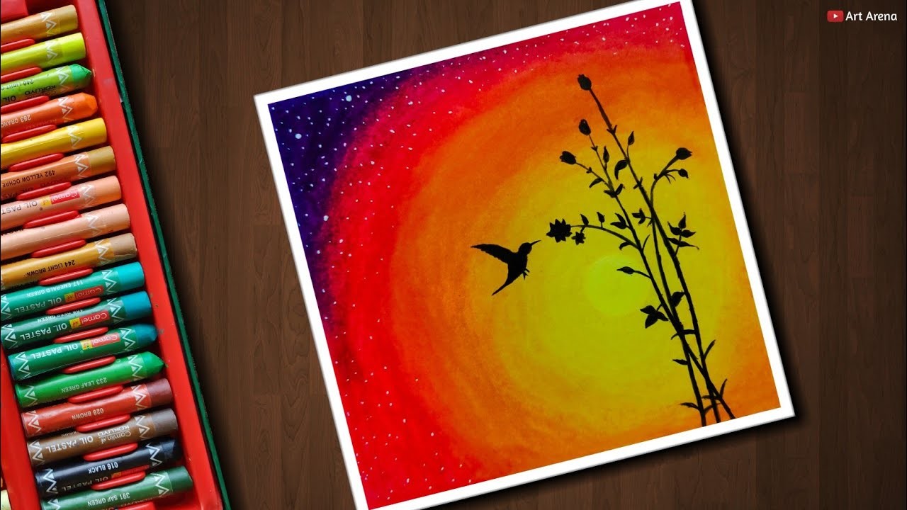 Easy Bird Sunset scenery drawing with Oil Pastels step