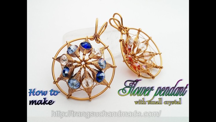 Flower pendant with small crystal - Herringbone wire wrap bead 390
