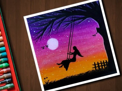 Girl on Swing drawing for beginners with Oil Pastels - step by step