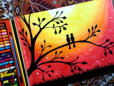 How to draw LOVEBIRDS in a sunset  by oil pastel step by step.