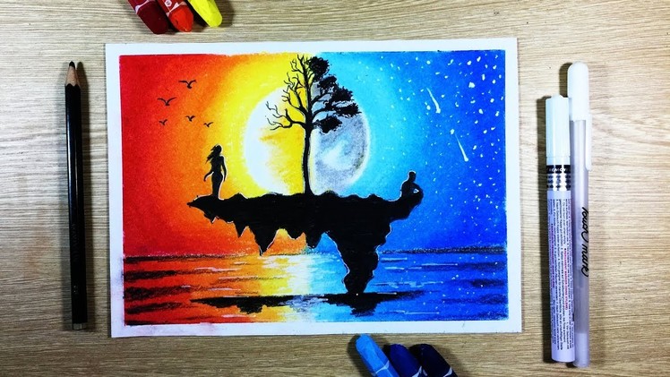 How to draw Sunset ft Moonlight Scenery with Oil Pastel step by step