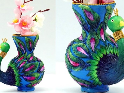 DIY Clay Pot Painting and Designs : How to Decorate Flower Pot with Clay | Clay Peacock Tutorial