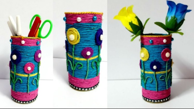 Diy crepe paper flower vase.pen holder From Empty roll.pringle cane|Best out of waste|Diy Room decor