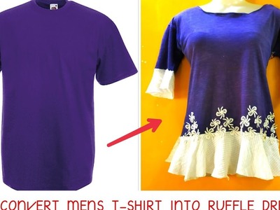 DIY Men's T-Shirt Into RUFFLE Dress. Top In 5mins|Re-use Of Old Men's T-Shirt|