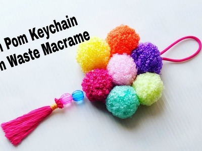 Macrame pom pom keychain  with tassel from waste macrame.DIY Tutorial