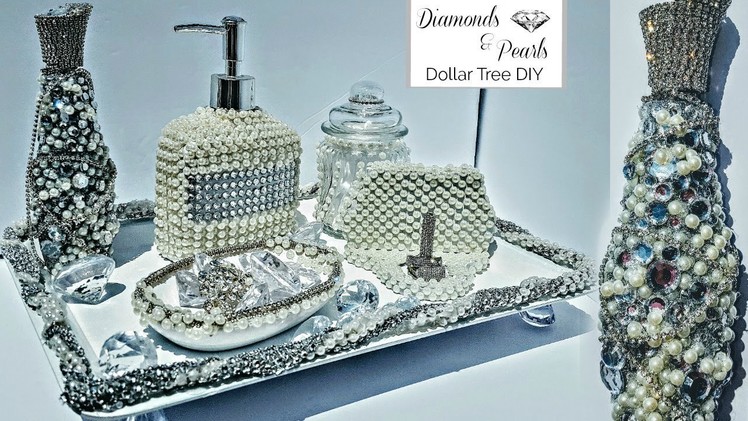 DIY Dollar Tree Room Decor Diamonds and Pearls 6 piece Vanity Set. EXTREME GLAM