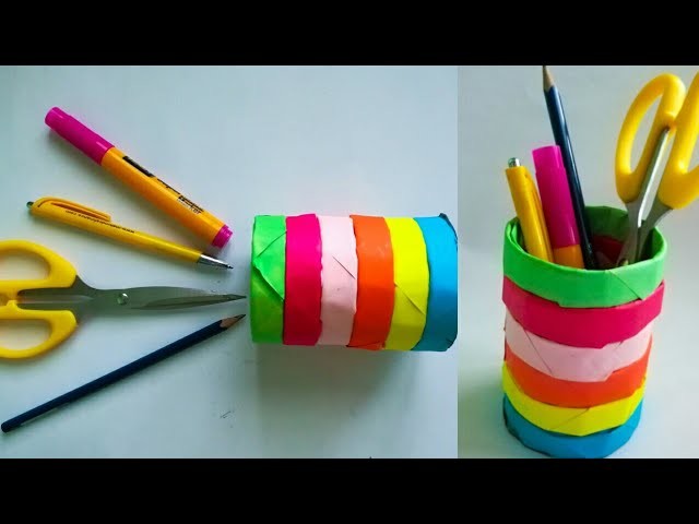Diy color paper pen stand. how to make pen stand.pencil holder. desk organiser from paper.KovaiCraft