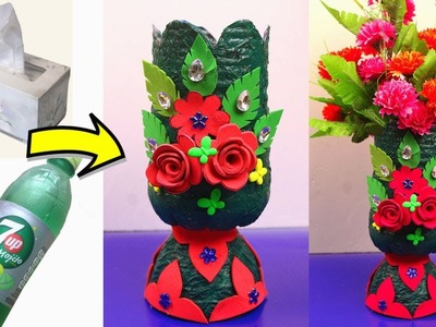 DIY Plastic bottle and tissue paper flower vase - Plastic bottle recycling idea - Easy craft idea