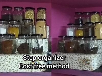 DIY Step organizer for kitchen.step rack. kitchen cupboard space organizer using old cardboard box