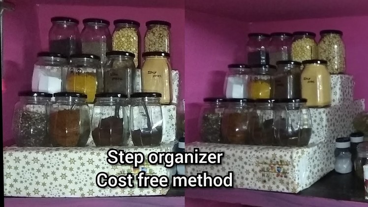 DIY Step organizer for kitchen.step rack. kitchen cupboard space organizer using old cardboard box