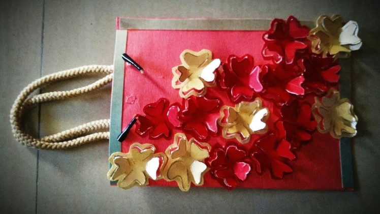 How to make paper bag | Diy- paper flowers on paper  bag | homemade paper bag design