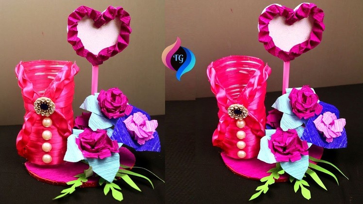 How to make paper flower & plastic bottle flower vase at home - Showpiece for home decoration