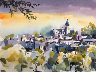Old fantasy village painted with Watercolor on dry paper