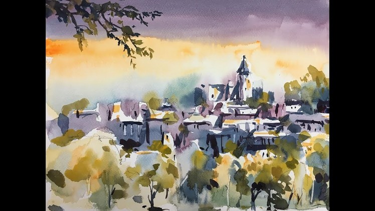 Old fantasy village painted with Watercolor on dry paper